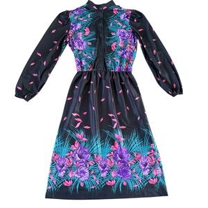 Elegant Black and Purple Floral Long Sleeve Dress